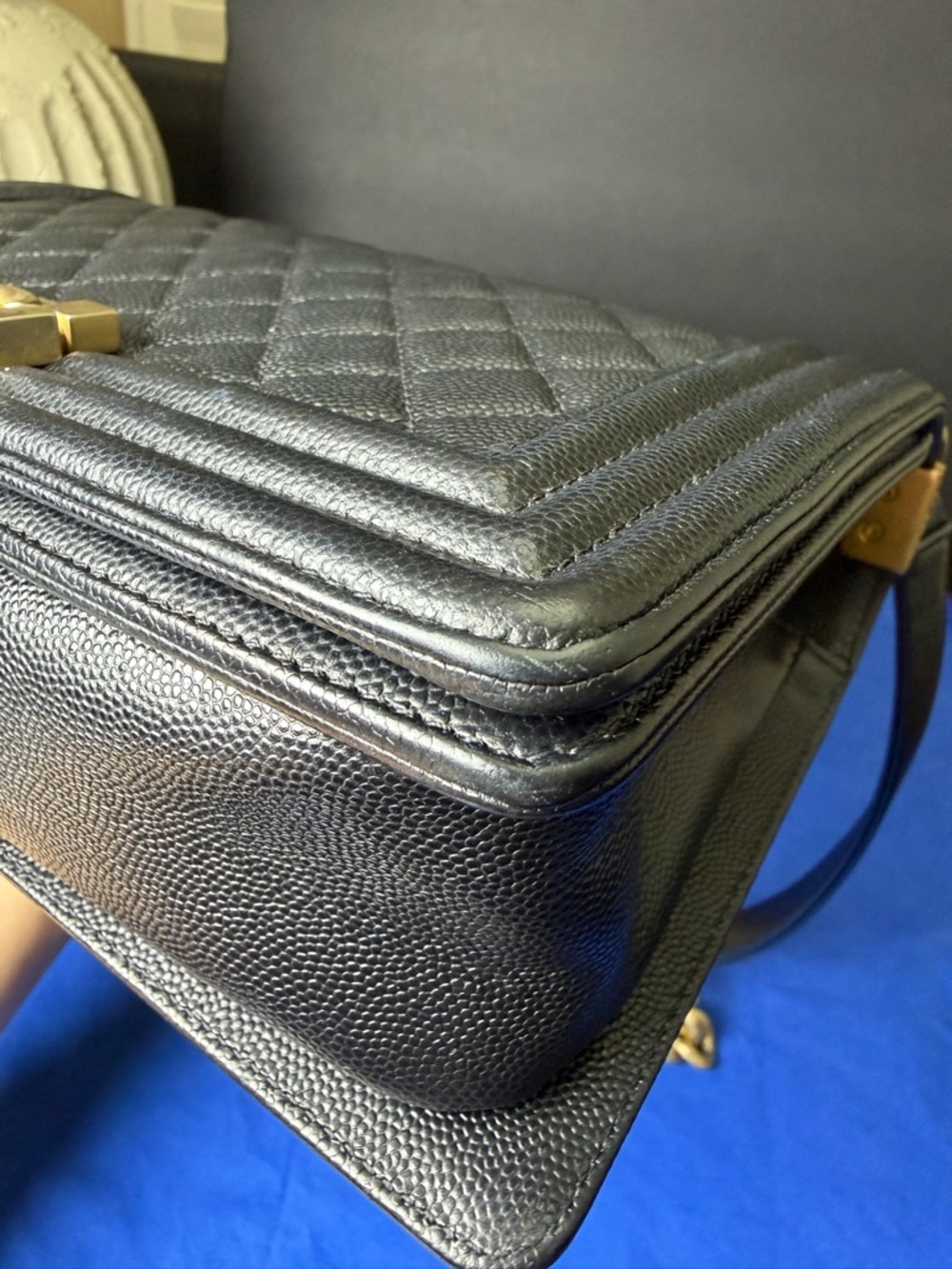 Authentic Chanel Boy Quilted Bag, Black Caviar Leather with Gold Hardware - Picture 7 of 16